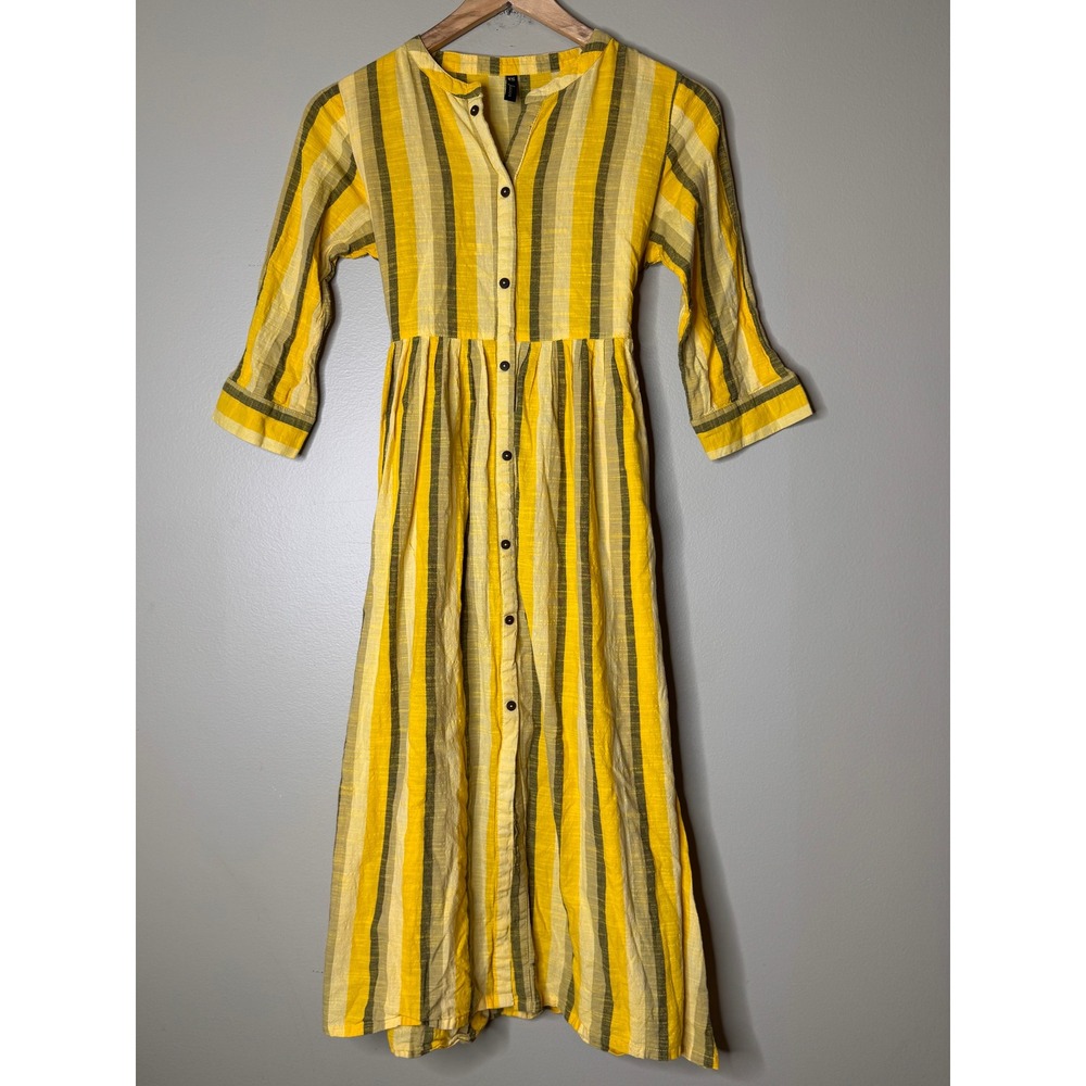 Janasya Boho Indian Cotton Striped Maxi Dress XS Mustard Cottagecore Artisan